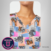Cherokee Women's Tom Cat Time Tom & Jerry Print Scrub Tops 6