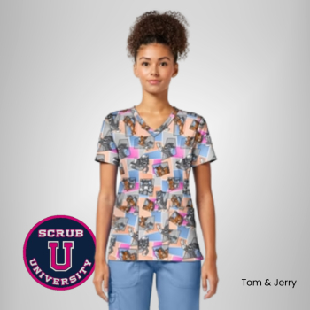 Cherokee Women's Tom Cat Time Tom & Jerry Print Scrub Tops