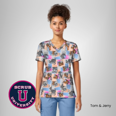 Cherokee Women's Tom Cat Time Tom & Jerry Print Scrub Tops 1